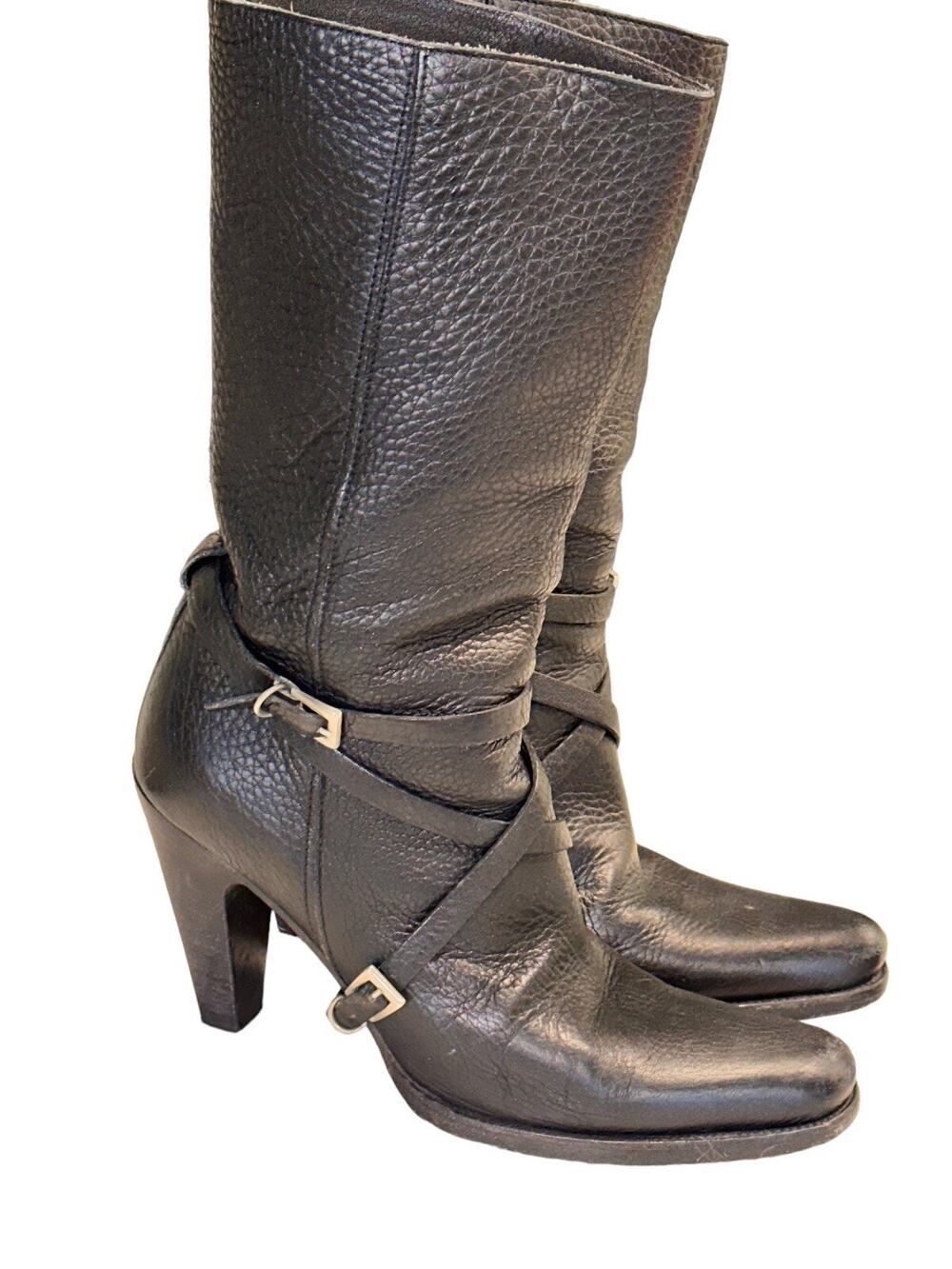 Vintage Prada Black Leather Pebbled 4” Heel Silver Buckle Straps Boots 39 8 Sexy - Picture 1 of 15